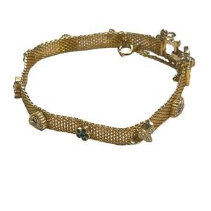 VTG Goldette‎ NY Mesh Bracelet Gold Tone w/ Hearts,Flowers,& Faux Pearls 7.5"